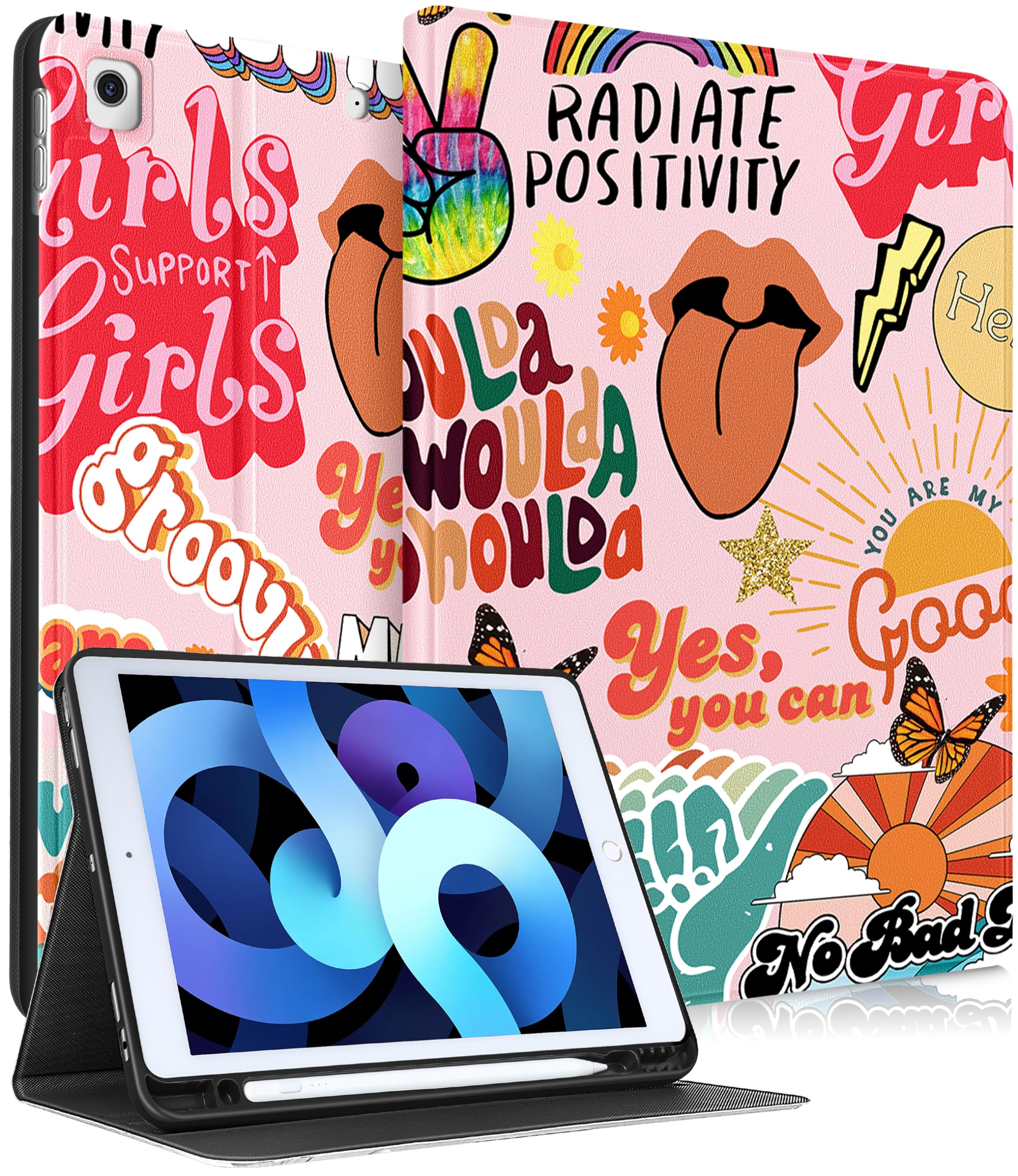 Pegmode for iPad 9th/8th/7th Generation Case Women Girls Cute Folio Cover Girly Cool Aesthetic Unique Fashion Design With Pencil Holder Smart Cover for Apple iPad 9/8/7 Gen Cases A2602 A2270 A2197