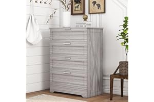 FTZxHKLX Farmhouse 4 Drawer Dresser for Bedroom, Tall Bedroom Dresser with Large Drawer & Silver Handles, Wooden Storage Organizer Cabinet Chest of Drawer for Closet, Living Room, Hallway, Wash Grey