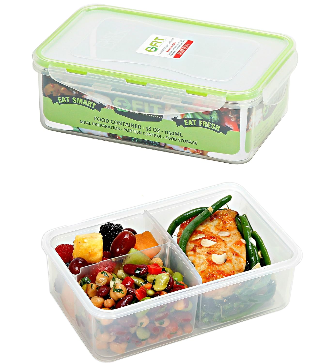 [2 Pack] Bento Lunch Box Meal Prep Containers (38 oz) - Food Storage Containers With Lids, Portion Control Containers, Divided Lunch Containers, Lunch Boxes for Adults and Kids, Leakproof