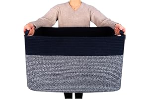 MINTWOOD Design 22in Extra Large Blanket Basket Holder for Living Room, Rectangle Rope Woven Storage Bin with Handles for Laundry, Pool Towels, and Shoes, Dog Toy Box Organizer, Navy Blue