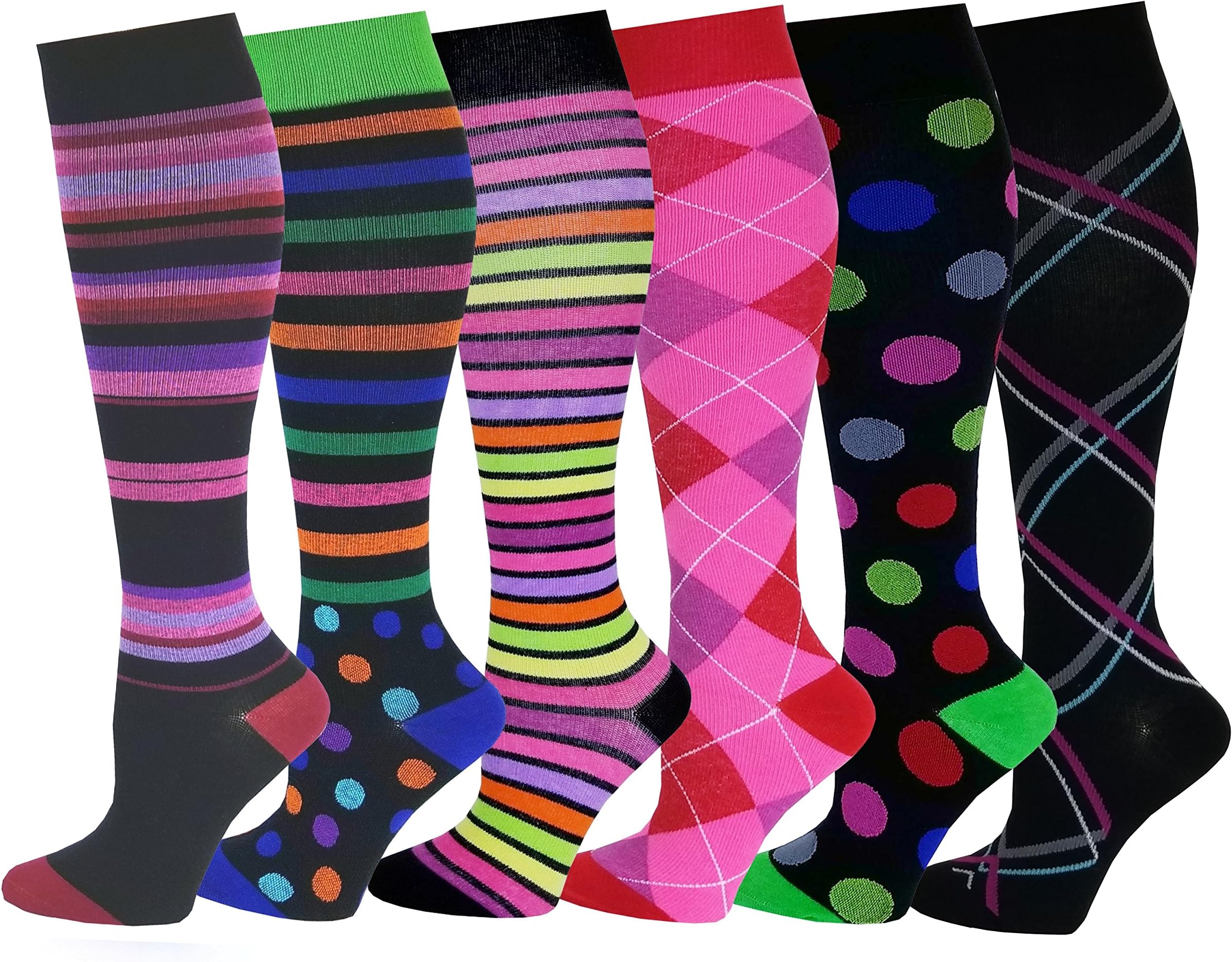 6 Pairs Pack Moderate Sports , Travelers , Anti-Fatigue , Graduated Compression Knee High Socks 9-11