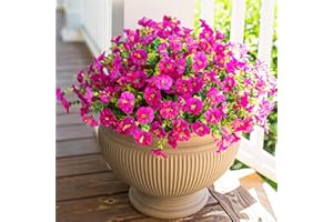 HyeFlora Artificial Fake Flowers Plant for Outdoors, 12 Bundles Faux Morning Glory UV Resistant Look Real Silk Flowers for Outside Planter Front Door Porch Patio Yard Spring Summer Decoration, Fuchsia