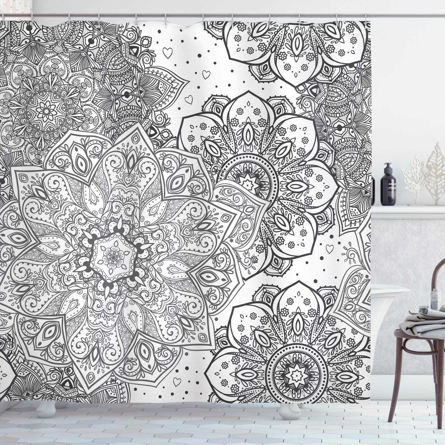 ABAKUHAUS Mandala Shower Curtain, Eastern Lace Floral Illustration with Moroccan Effects and Folkloric Feels, Cloth Fabric Bathroom Decor Set with Hooks, 86 Inches Extra Long, White and Grey