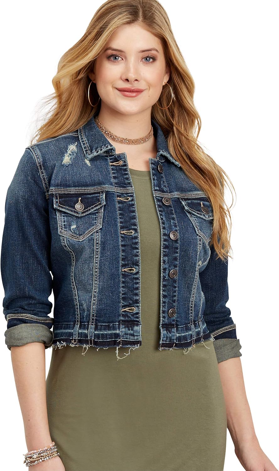 maurices Women's Medium Wash Denim Jacket with Destruction X Large