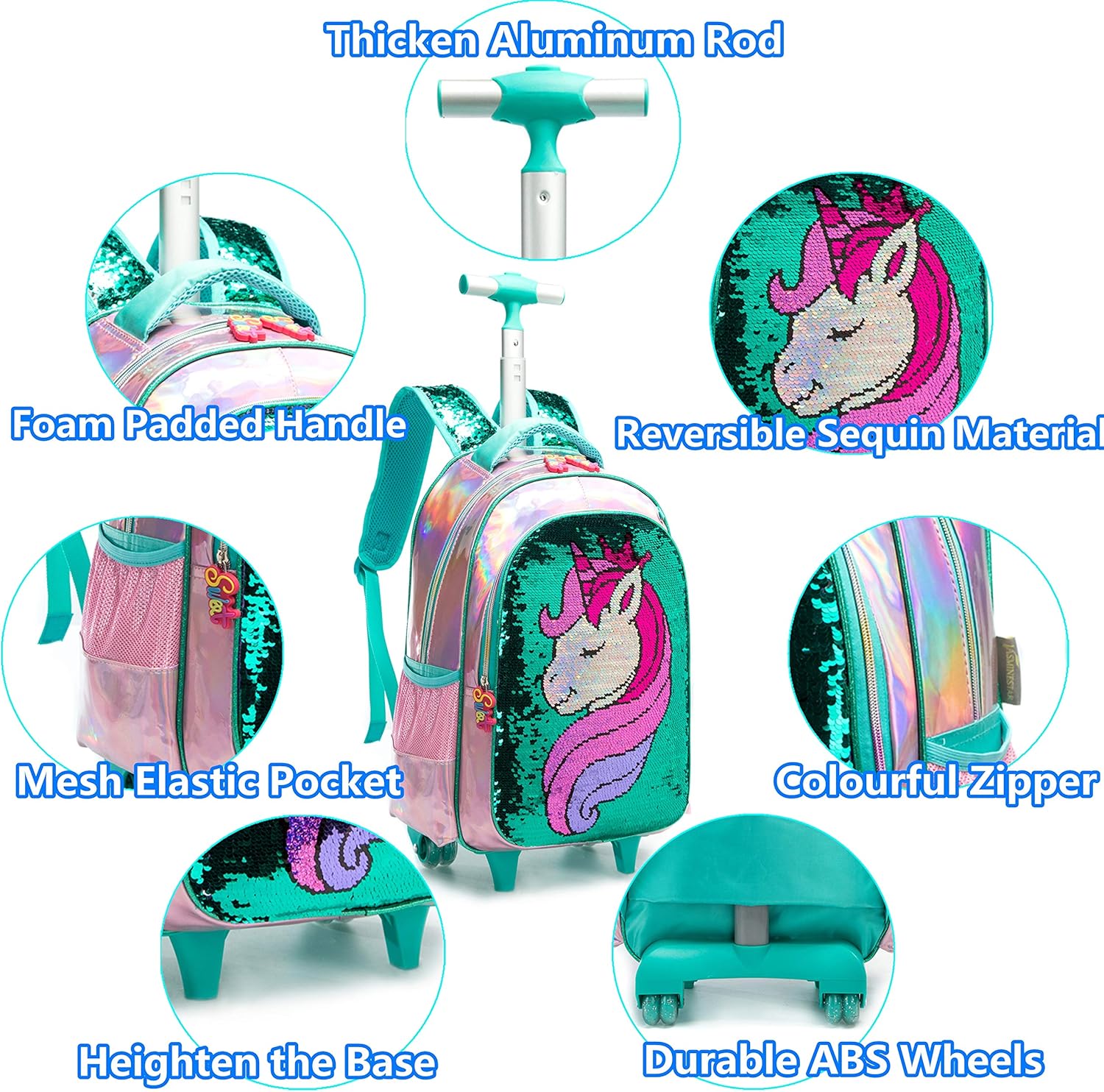 HTgroce Kids Girls Backpack Magic Reversible Sequin Trolley Bag Girls Boys School Bag Children's Backpack Rolling Backpack with Wheels School Rucksack with Lunch Box Unicorn Green - Image 4