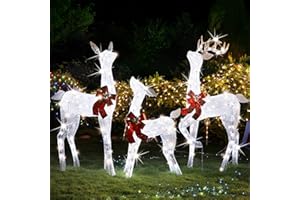 Lulu Home Christmas Yard Decoration, Set of 3 Pre-lit White Reindeer with 265 LEDs White Lights, 3D Light Up Glittered Standing Reindeer Family for Xmas Lighted Holiday Display Indoor Outdoor