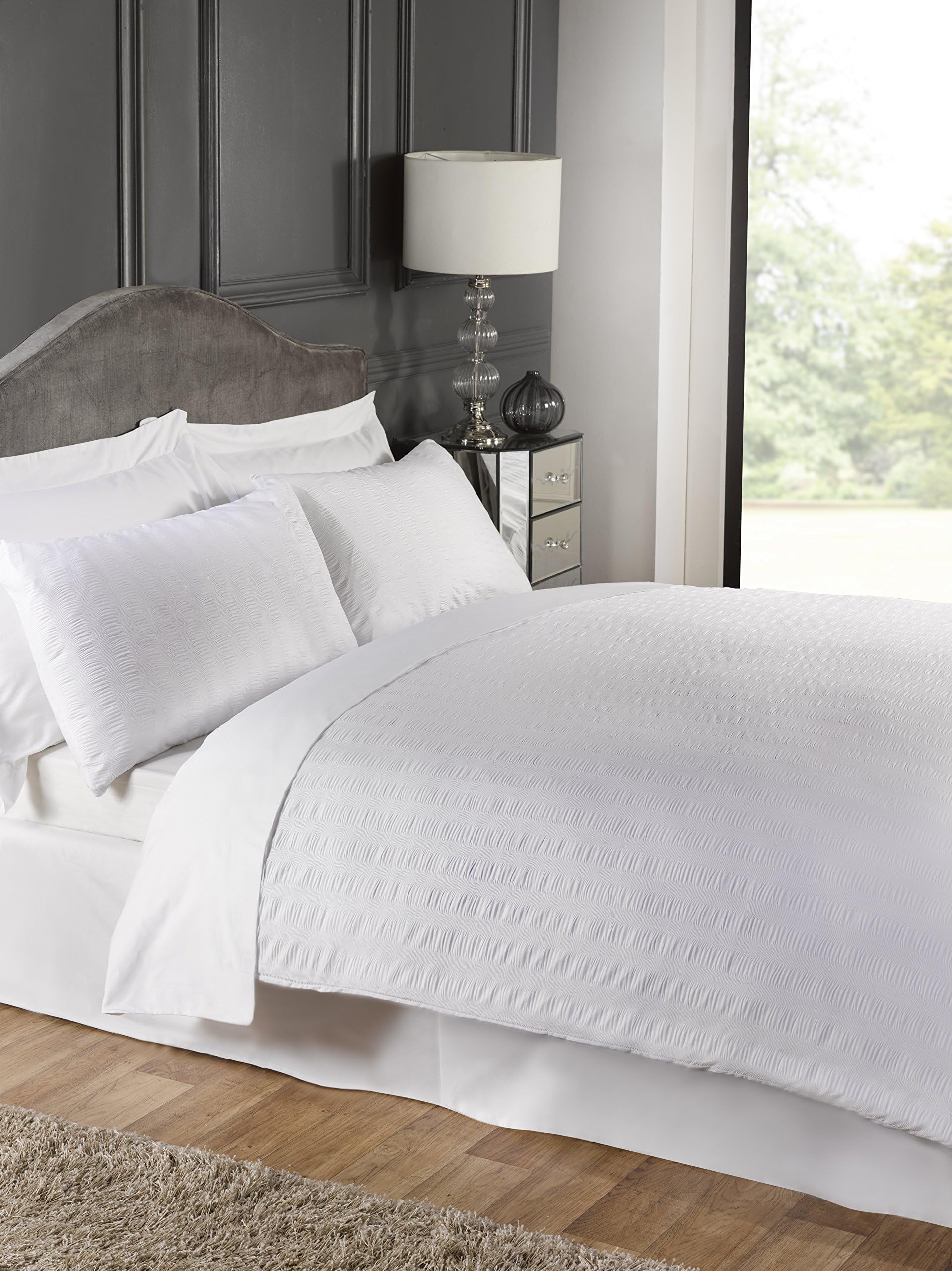 LUXURY PERCALE PolyCotton KING WHITE with SEERSUCKER Duvet Cover Set with Pillow Cases