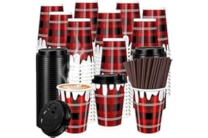 POTPTPT 100 Pieces Christmas Disposable Coffee Cups with Lids and Straws 12 oz Christmas Disposable Paper Cups Red Black Plai