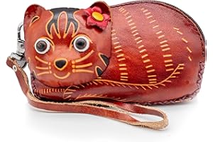 XYC INNOVATION Handmade 3D Cute Animal Cartoon Leather Cowhide Coin Purse, Wallet, and Key Case - Zippered Pouches with Wristband Clutch for Easy Hand-Holding and Gift Giving New Coin Purse (Kitten Brown)