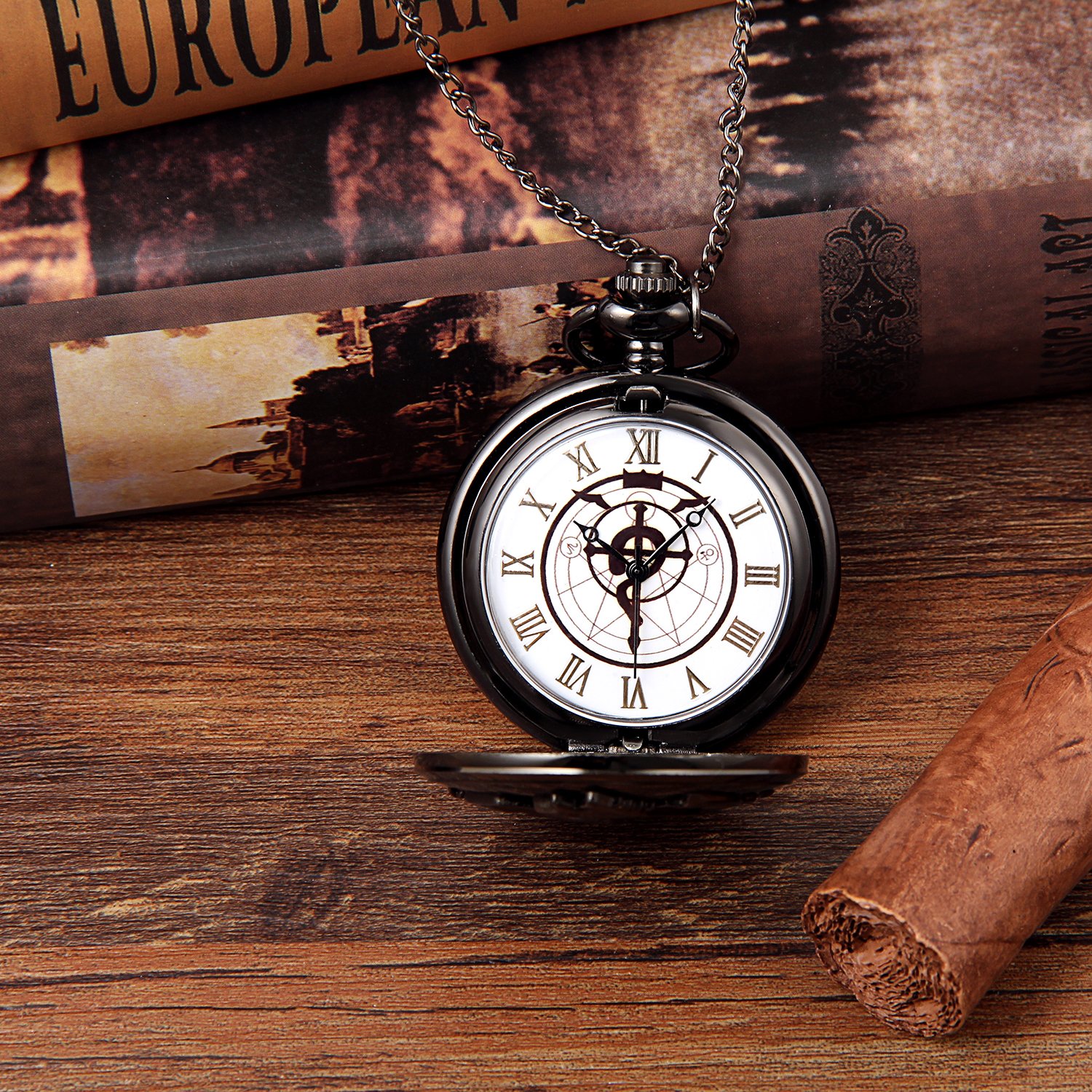 JewelryWe Vintage Fullmetal Alchemist Edward Elric's Pocket Watch Black with 31.9 Inches Chain for Christmas