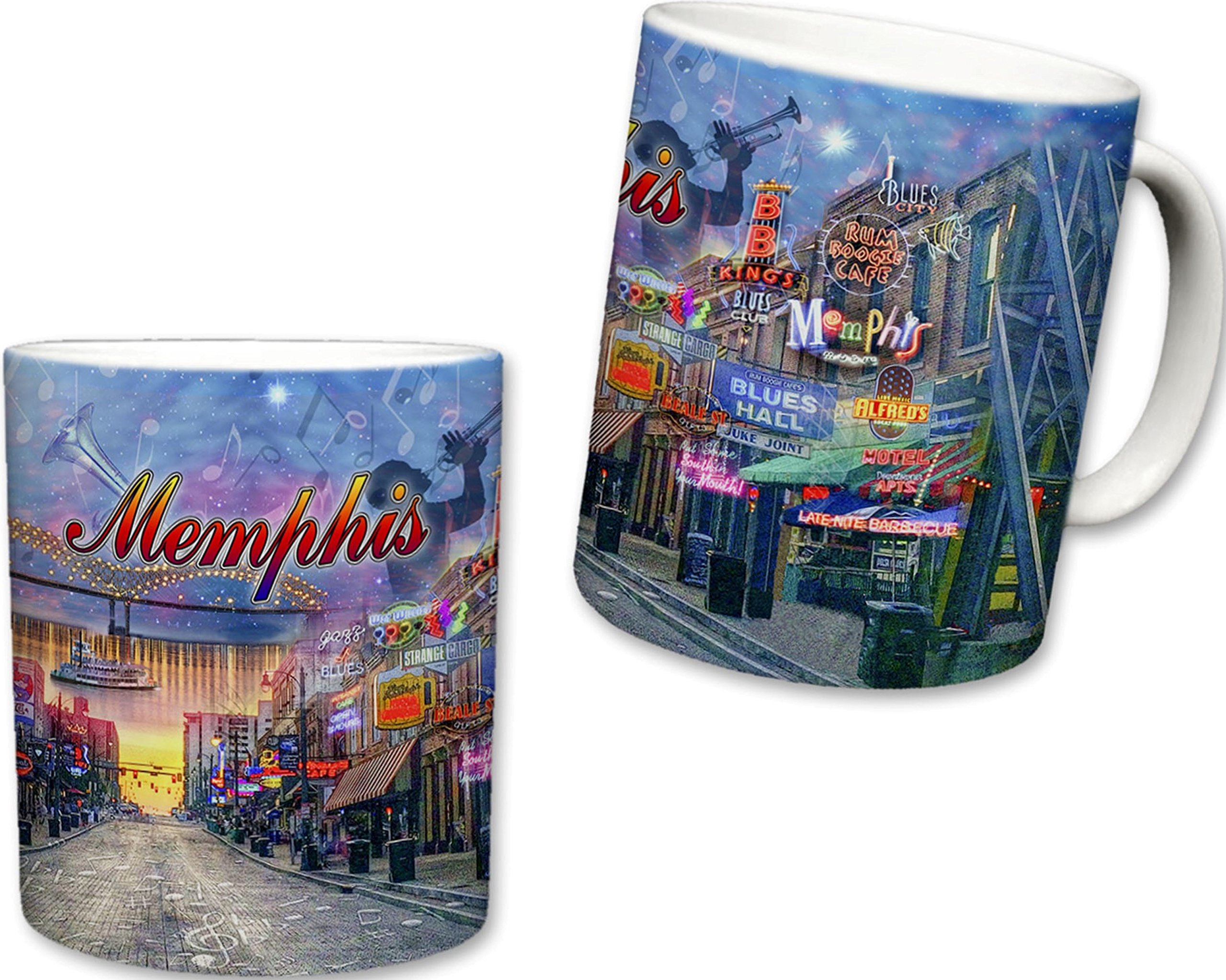 Sweet Gisele City of Memphis Inspired Mug, Ceramic Coffee Cup, Downtown Streets, Home of the Blues, Music Note Accents, Colorful Detailing, Nightlife Scenery, Great Novelty Gifts 11 Fl Oz