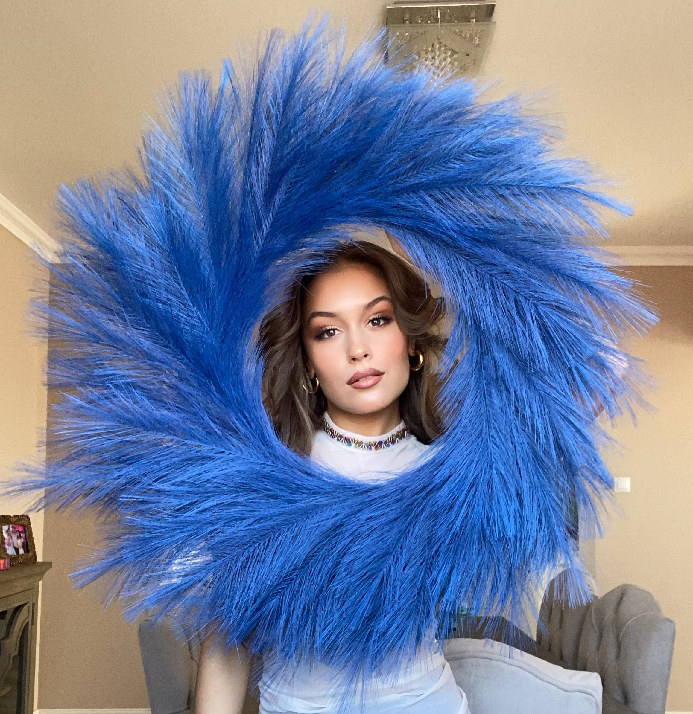 VOULUX Fluffy Artificial Large Faux Pampas Grass Wreath 27" Blue Modern Feather Boho Wreath Indoor Wreaths Farmhouse Wreath Wall Decor Baby Sea Grass Fall Wheat Wreath Blue Wreaths For Front Door