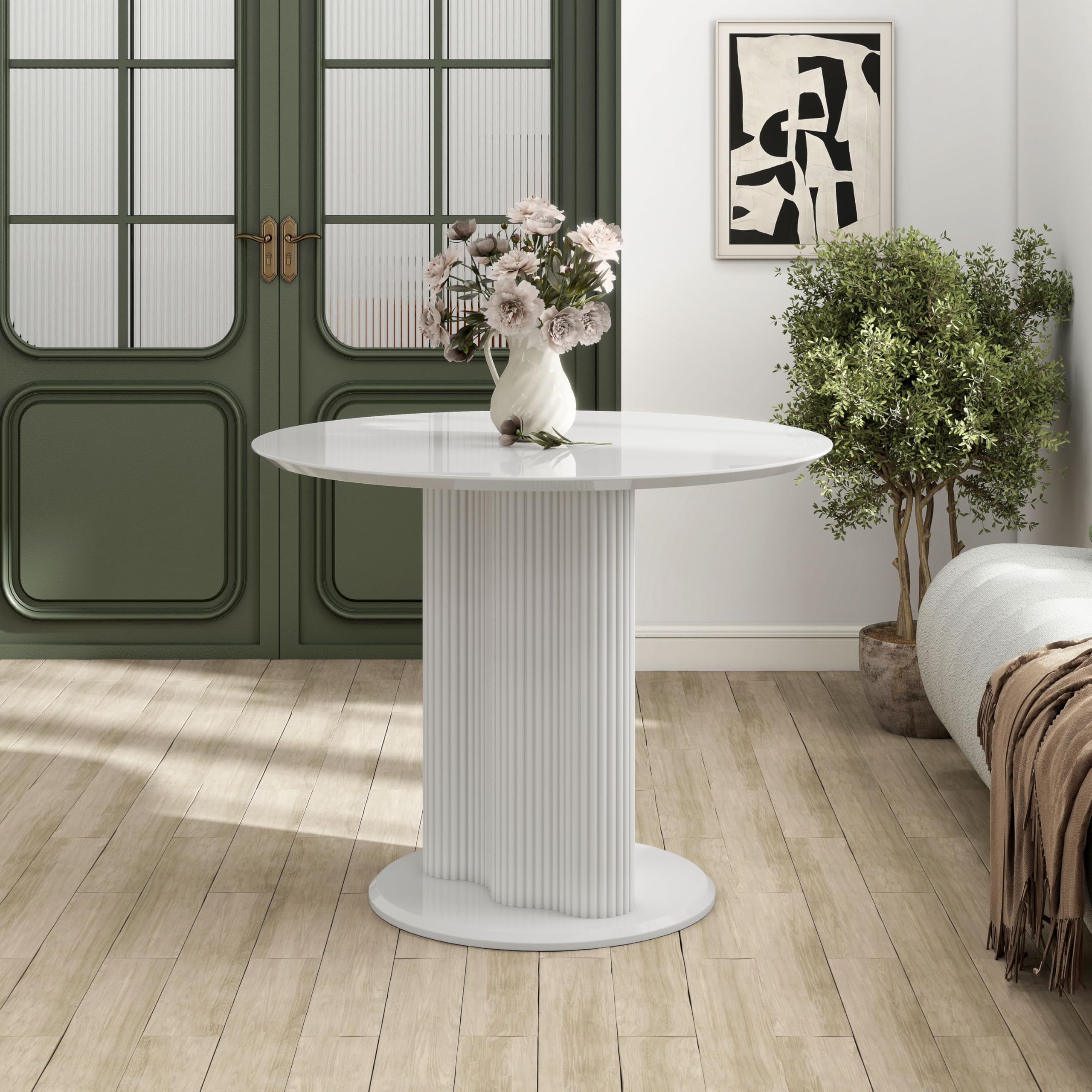 Photo 1 of HOMES: Inside + Out Elara Modern 39-inch Round Dining Table with Fluted Pedestal Base, Seats up to 4, for Home Kitchen, Living Room, Glossy White