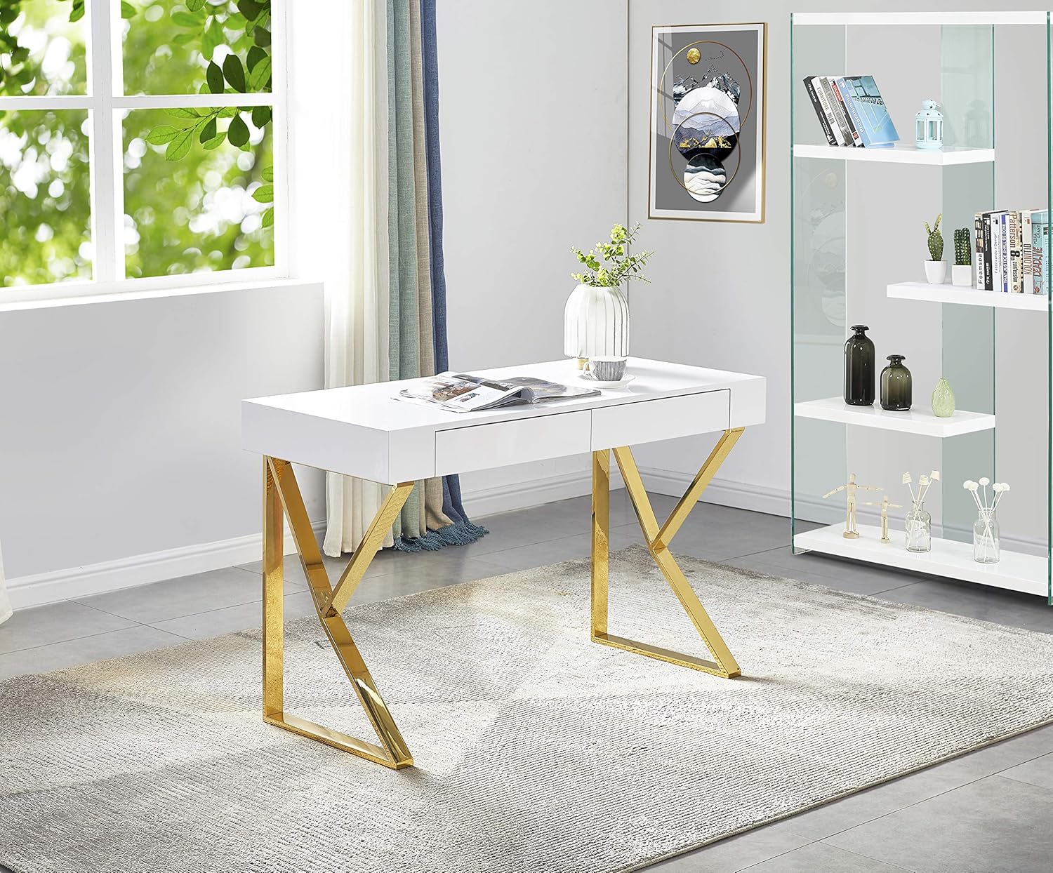 Best Master Furniture Benson High Gloss Modern Lacquer Home Office Desk, Gold Finish