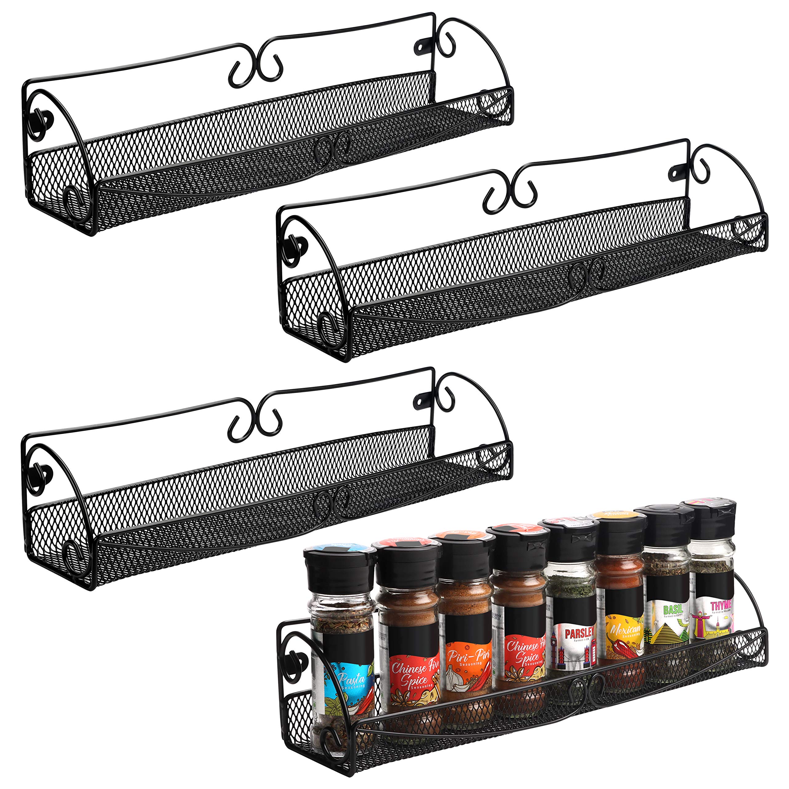 BELLE VOUS Black Wall Mounted Kitchen Spice Storage Rack (4 Pack) - Single Tier Hanging Organiser Shelf Style Racks for Jars and Seasoning - Space Saving Holder for Cupboard Doors & Pantry Cabinet