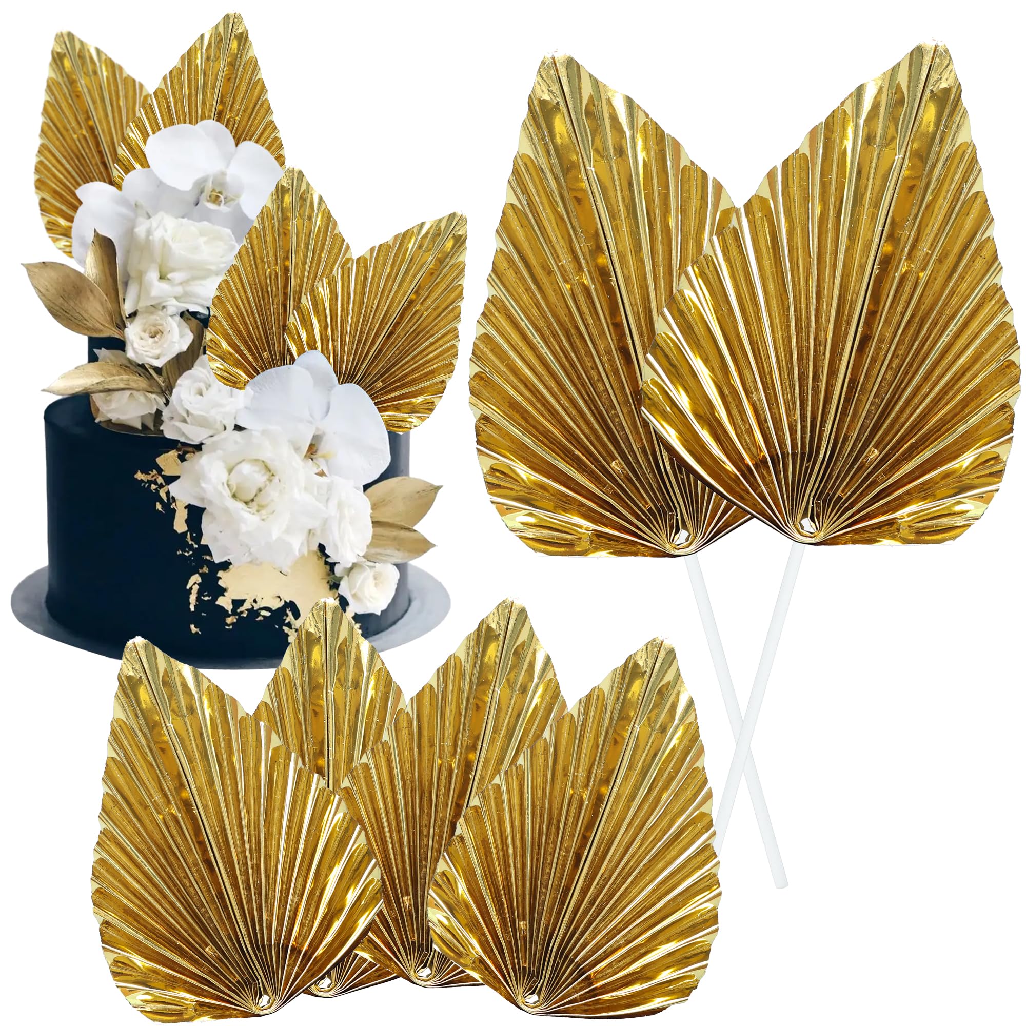 Photo 1 of Gyufise 6Pcs Paper Palm Fan Cake Toppers Palm Spear Leaves Fan Cupcake Toppers Cake Insert Decorations Craft DIY Cake Bakeware Decoration for Birthday Party Wedding Party Décor Supplies Light Gold