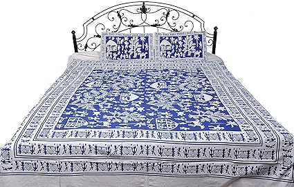 Exotic India Bedspread with Hand Printed Folk Figures Inspired by Warli Art - Pure Cotton with pillo - Color Dutch Blue Color