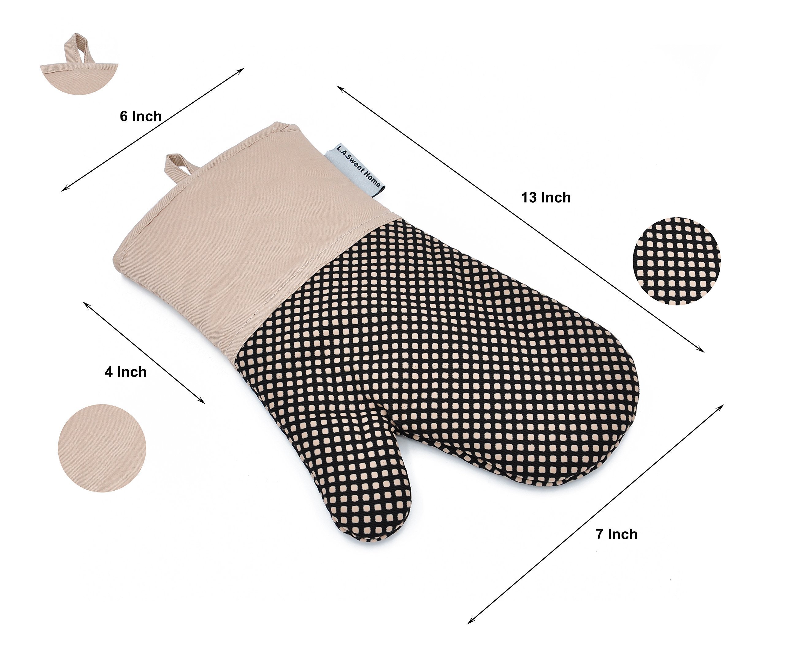 Silicone Oven Mitts Cooking Gloves 480 F Heat Resistant Square Dot Pattern Non-Slip Grip Pot Holders for Kitchen Oven BBQ Grill and Fire Pits for Cooking Baking 7x13 inch 1 pair Khaki by LA Sweet Home