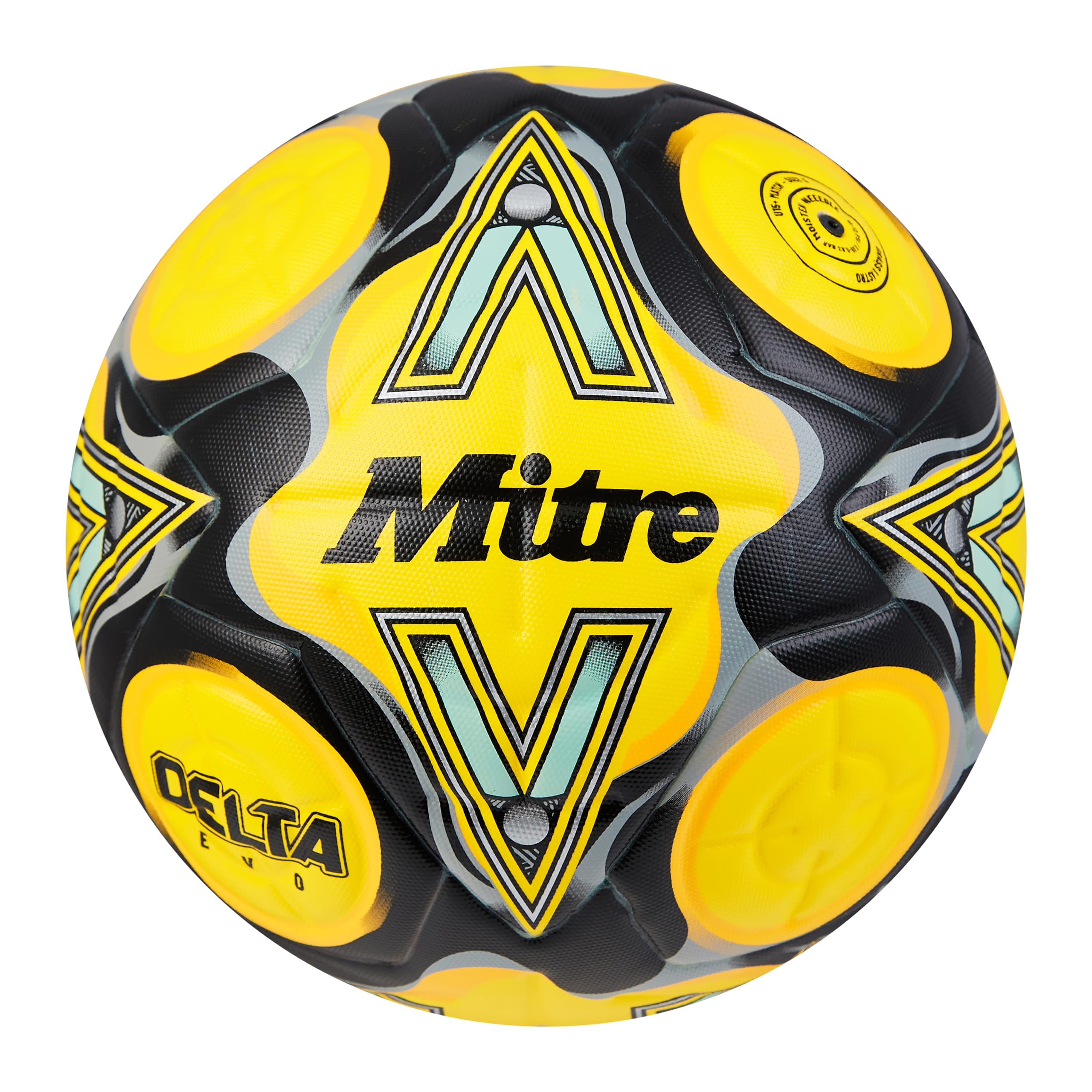 Mitre Delta Football | Highly Durable | Enhanced Accuracy and Consistency, Fluo Yellow/Black/Circular Grey, 4