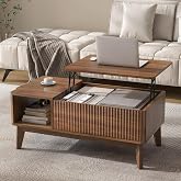 LYNCOHOME Fluted Lift Top Coffee Table with Storage, Modern Coffee Table for Living Room, Home Office（Walnut）