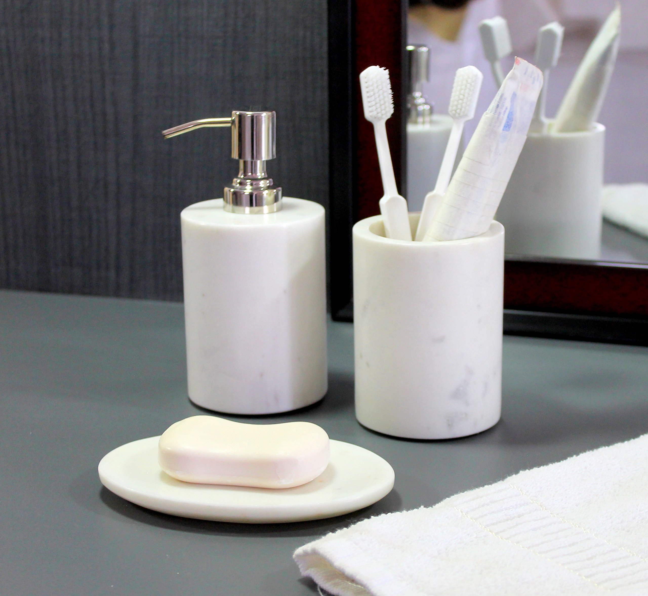 KLEO - Bathroom Accessory Set Made from Natural Stone - Bath Accessories Set Includes Soap Dispenser, Toothbrush Holder, Soap Dish (White - Set of 3)