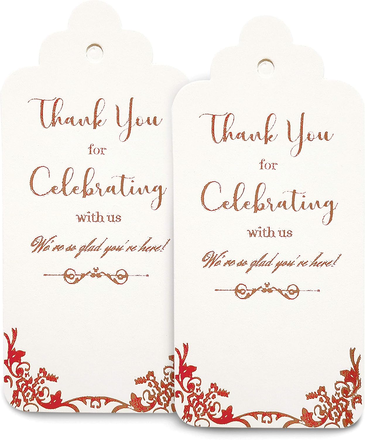 100 Wedding Favor Tags (Free Extra Long 328ft Twine), Rose Gold Foil Preprinted on White Tags with Writing Thank You for Celebrating with Us, We’re so Glad You’re Here : Office Products