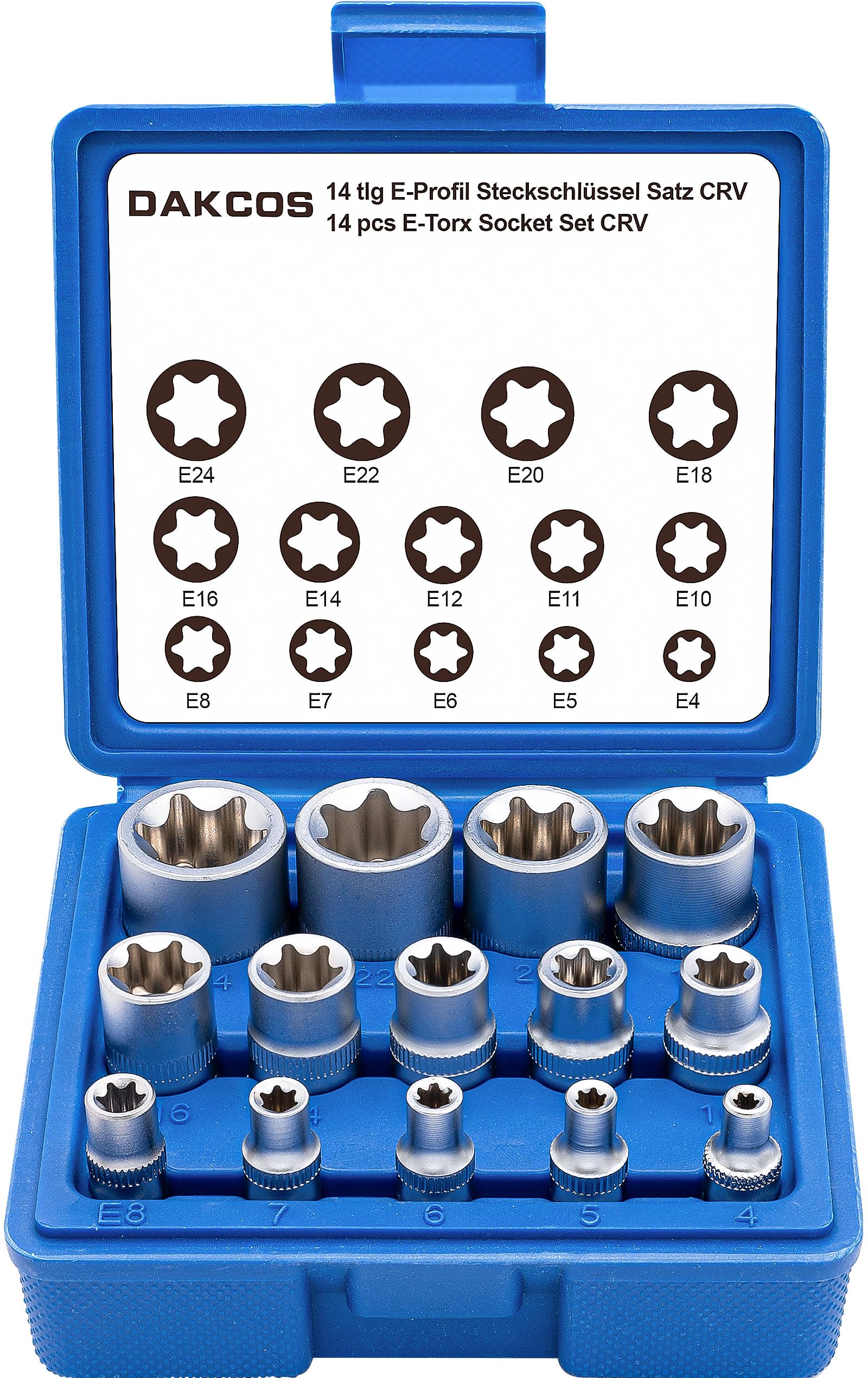 DAKCOS 14pcs Female E-Torx Star Socket Set, External Socket Set 1/4" 3/8" and 1/2" Drive Sockets E4-E24 Made of CR-V with Matt Chrome Finish