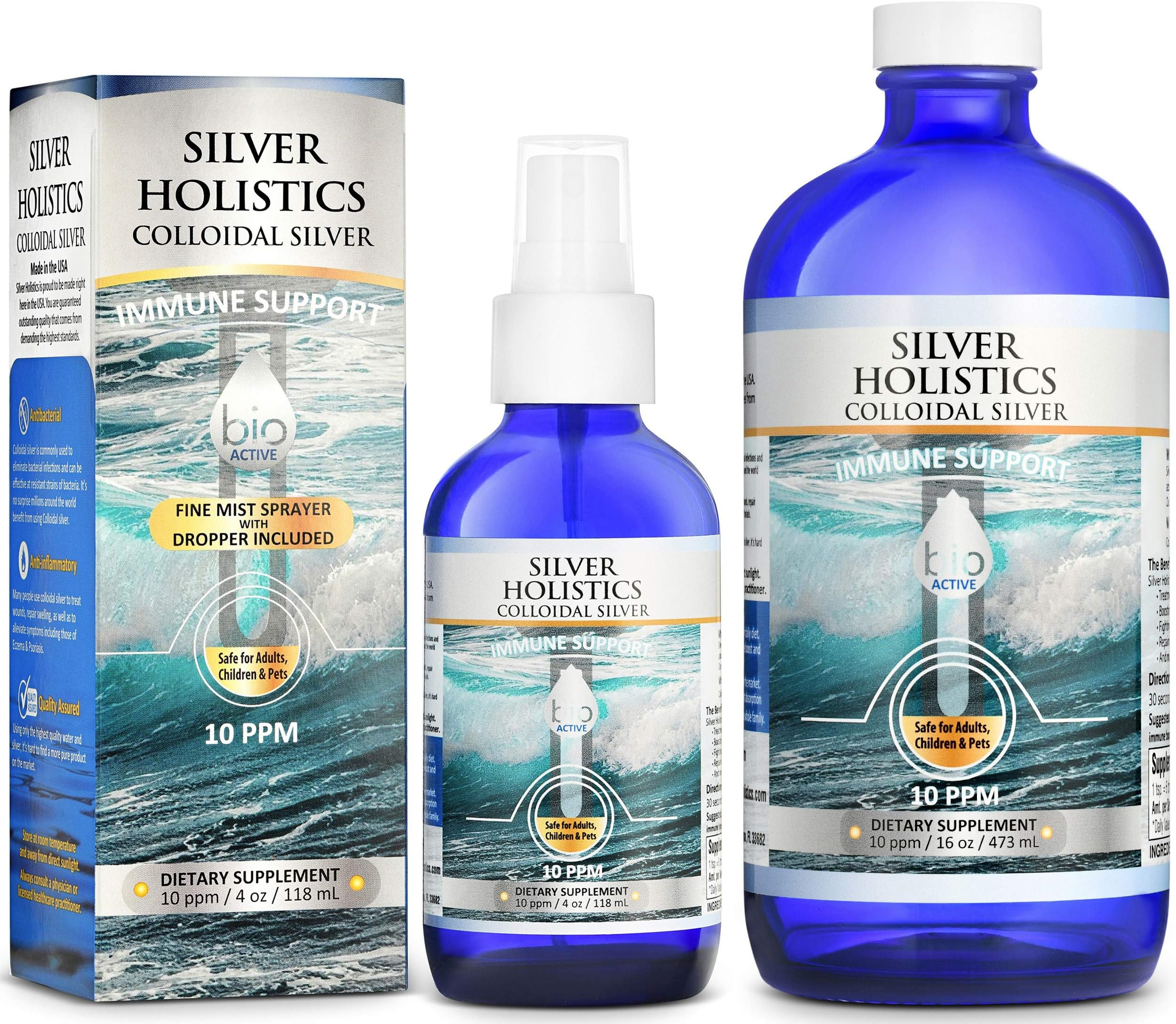 Colloidal Silver Spray Solution 10 PPM Colloidal Silver Liquid in 16 oz and 4 oz Glass Bottle by Silver Holistics