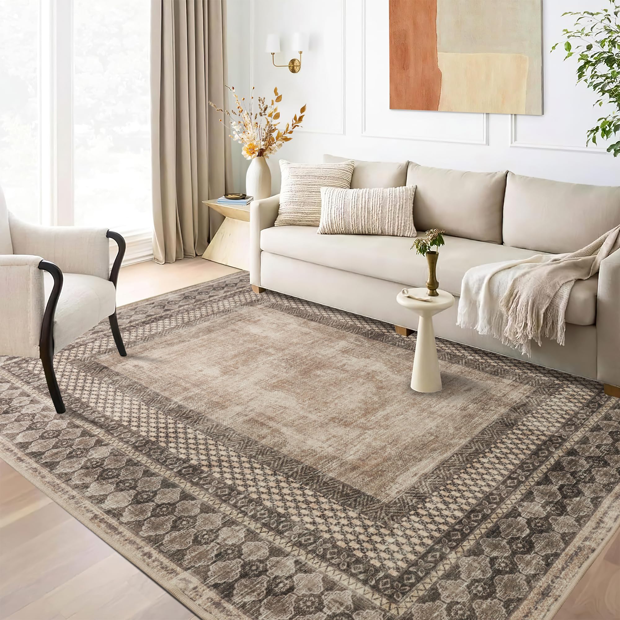 Photo 1 of NICETOWN 5x8 Area Rug, Brown Oriental Wasable Rug for Living Room, 5'x 8' Thin Carpet for Bedroom, Non-Slip Stain Resistant Foldable Large Carpet Pet & Kids Friendly for Dining Room