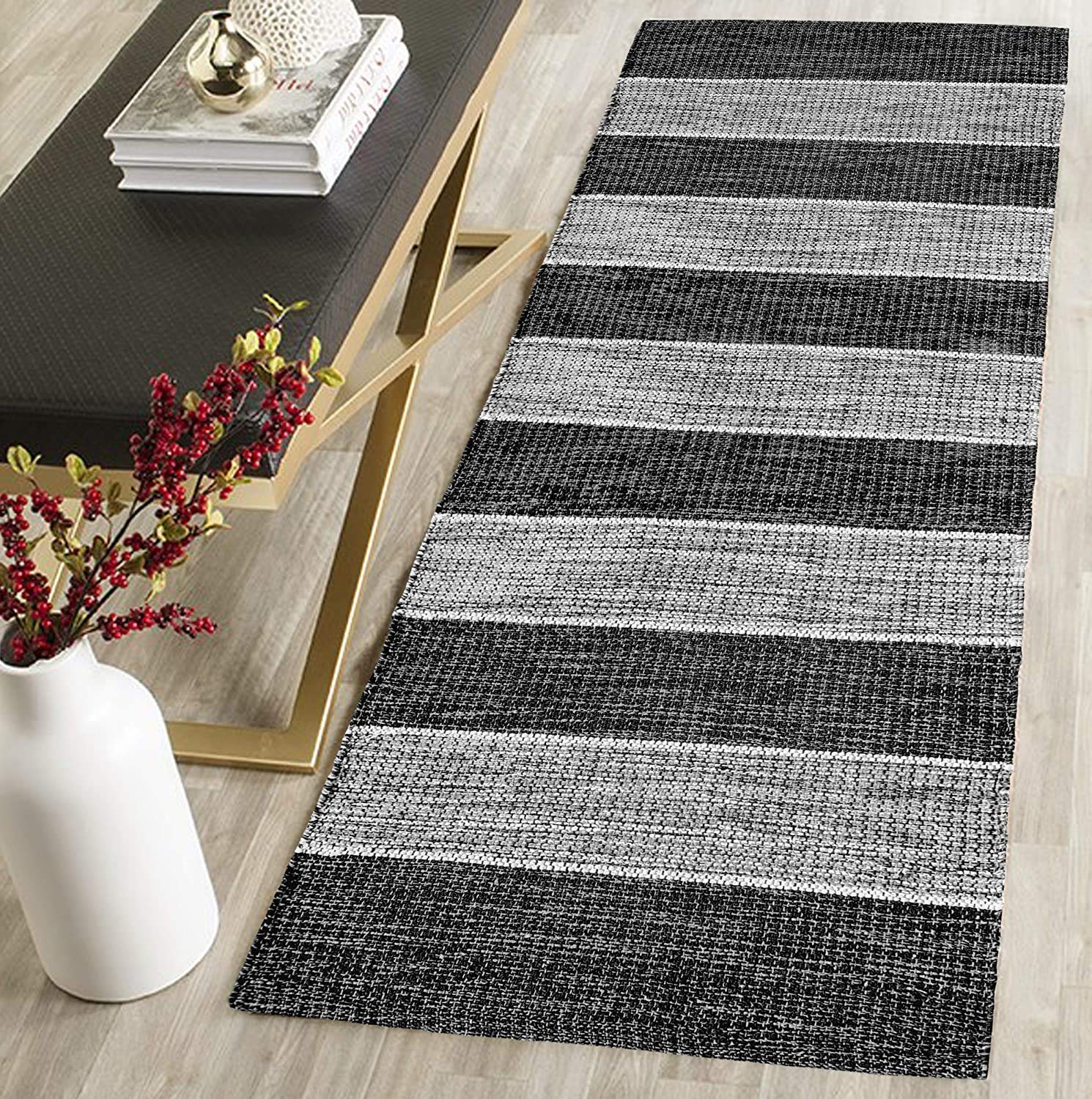 EMIC Handwoven Cotton Striped Runner for Bedroom & Living Room Black