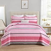 Homzard King Size Comforter Set, Cotton Quilt, Hot Pink Grey Bedding Set,Lightweight Striped Bedspread, Reversible Coverlet King Size (106"X98") with 2 Pillow Shams All Season