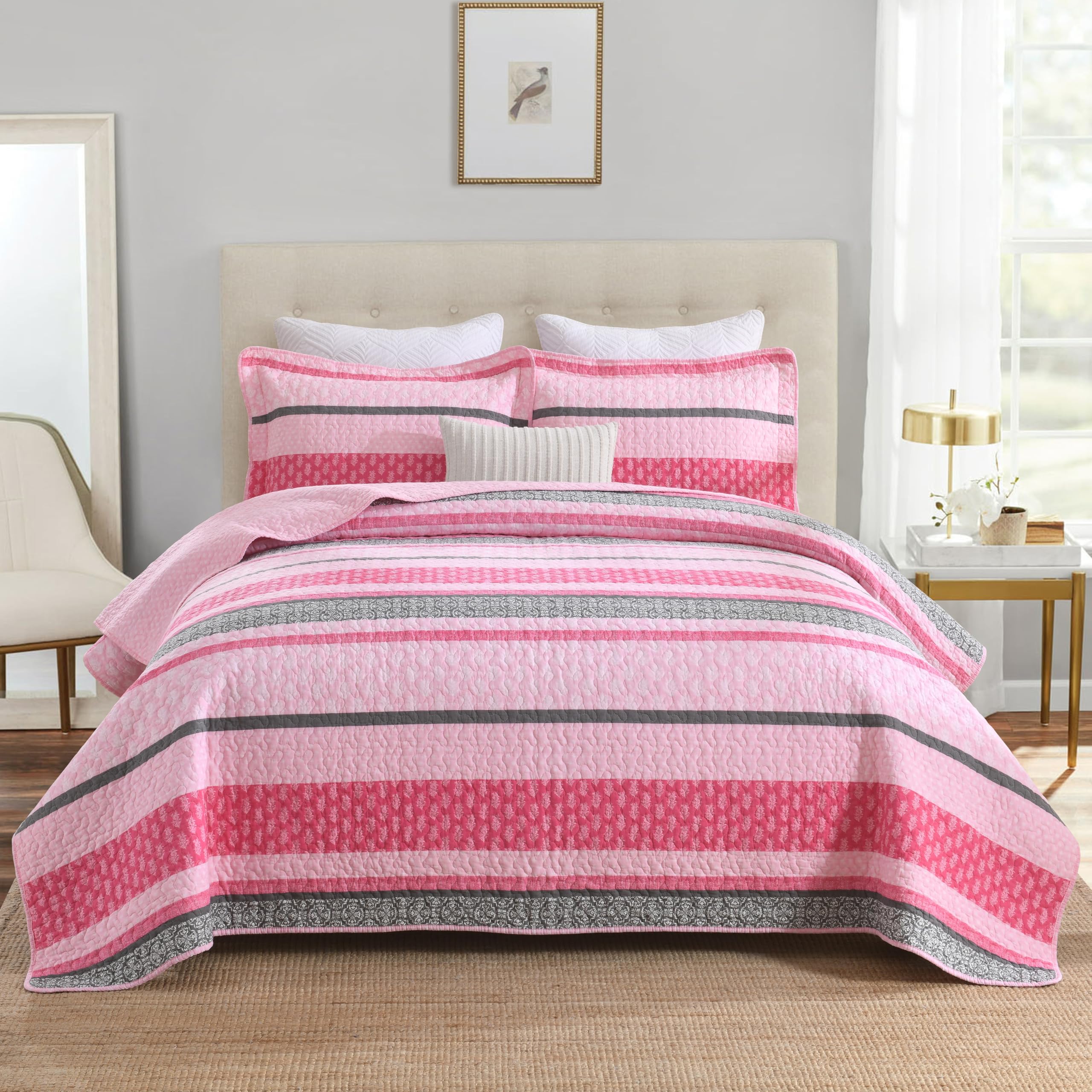 Photo 1 of **MISSING PILLOW SHAMS** Homzard King Size Comforter Set, Cotton Quilt, Hot Pink Grey Bedding Set,Lightweight Striped Bedspread, Reversible Coverlet King Size (106"X98") with 2 Pillow Shams All Season