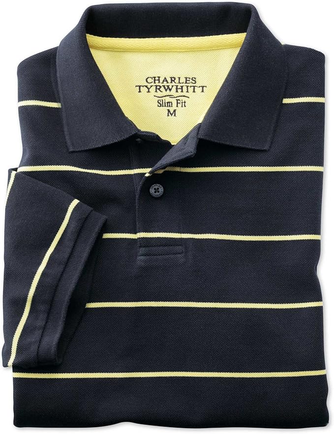 Charles Tyrwhitt Slim Fit Navy Striped Pique Cotton Polo at Amazon Menâs Clothing store