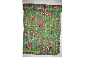 Sophia Art Indian Bohemain Bedding Kantha Vintage Ethnic Cotton Bird Kantha Quilt Coverlet Bedspread Patchwork Stitch Blanket Queen Size Kantha Quilt (Green 2)