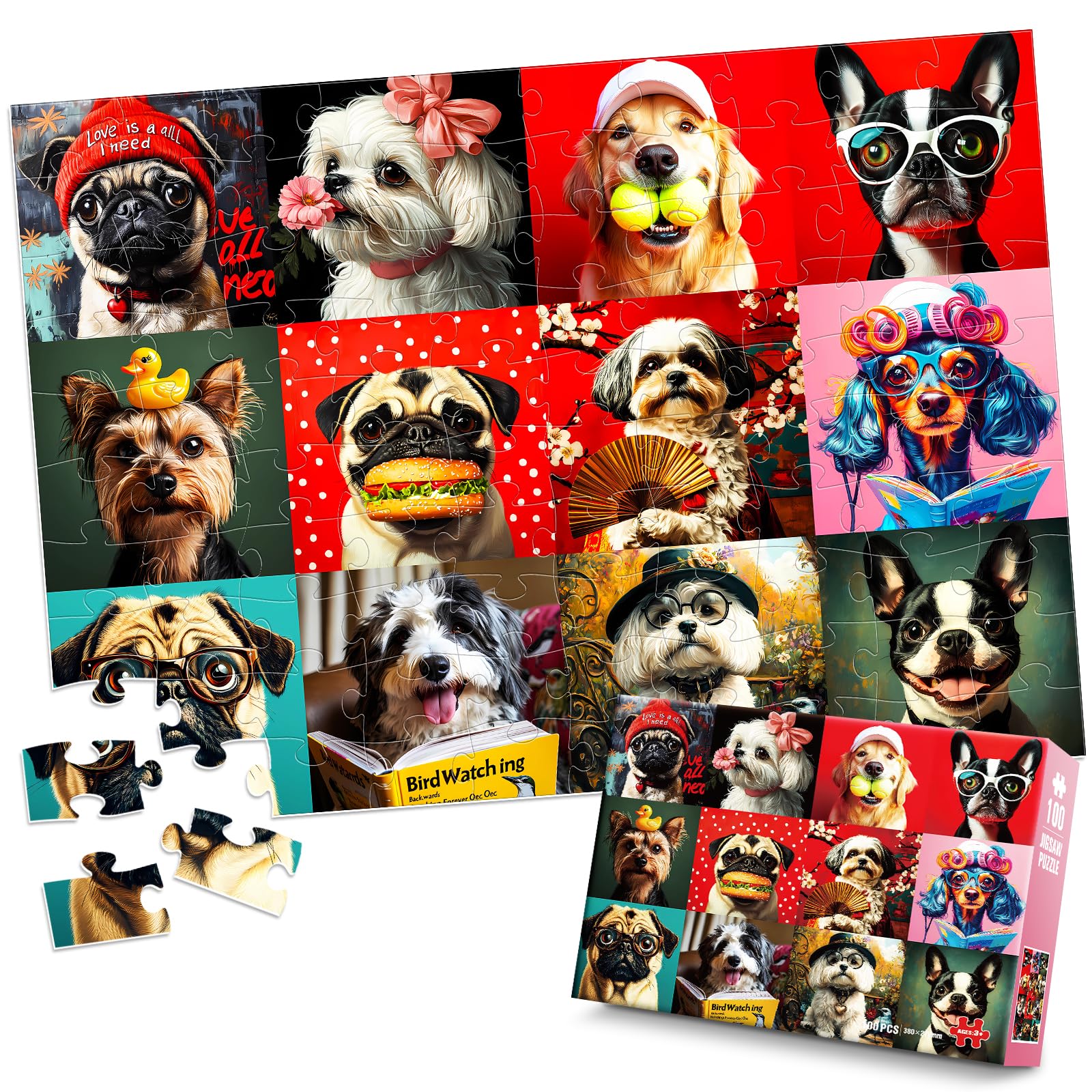 Photo 1 of 100 Piece Puzzles Multicolor Fun Dogs, Large Piece Jigsaw Puzzle for Kids Ages 4-6 6-8 8-10, Puppy Theme Puzzles for Teens Seniors Adults, Collection Gift Home Art Decor Toys Gifts for Girls Boys