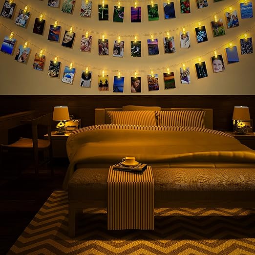 DENFIVE® 40 LED Fotoclips mit Lichterkette – LED Fotolichterkette zum stilvollen dekorieren – LED Fotokette – Clip Bilder – I