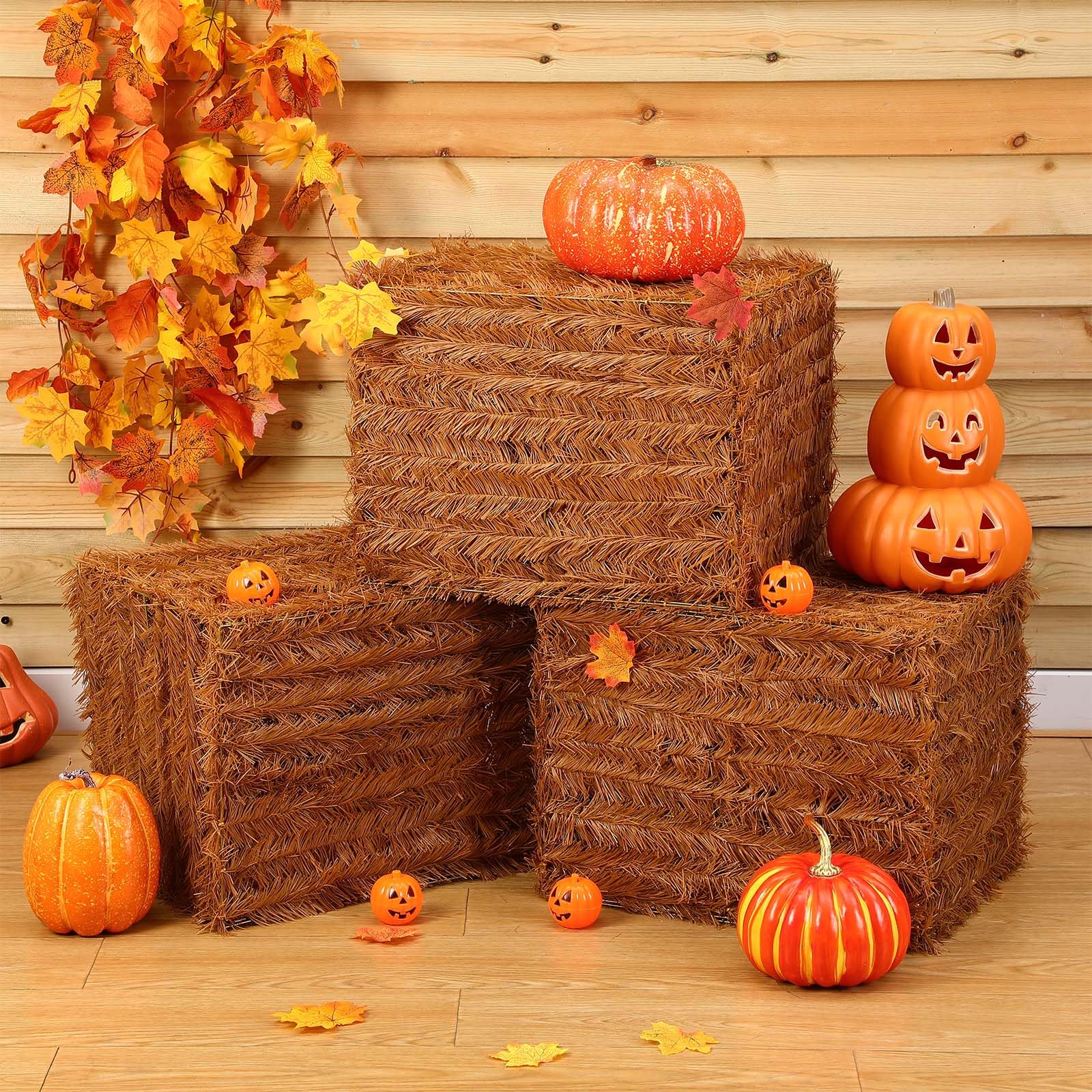 Photo 1 of Cinnvoice 3 Pcs Halloween Decorative Straw Bale, 18 x 14 x 14 Inch Foldable Faux Hay Bales Decoration Collapsible Fake Hay Stacks for Indoor Outdoor Fall Rustic Farmhouse Western Party Photo Props