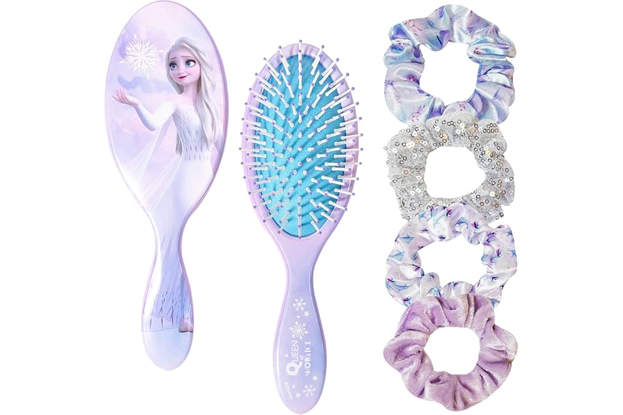 Frozen Princess Elsa Hair Accessory 5 Pcs Set – 1 Regular 9 inch Frozen Hairbrush & 4 Frozen Scrunchies – Detangling Brush & Elastic Hair Ties Ropes for Girls, Ages 3+