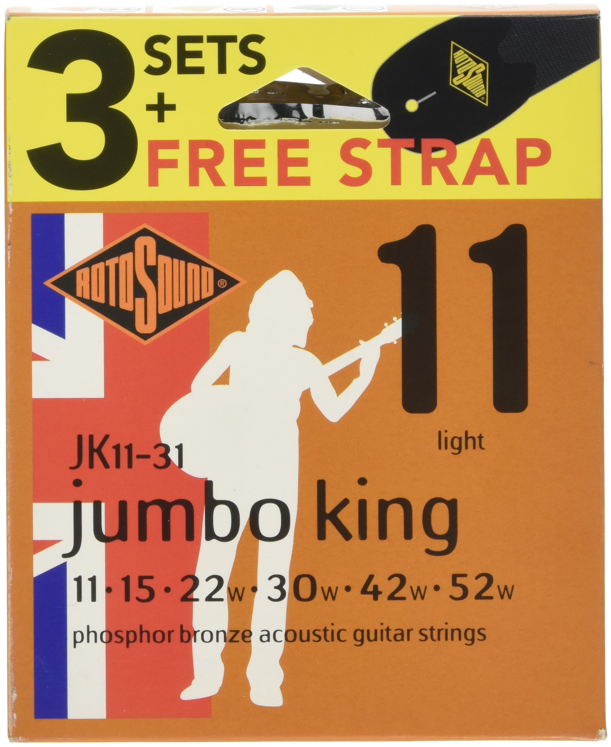 Rotosound Strings for Acoustic Guitar JUMBO KING 3 Set + Strap J11-31-F
