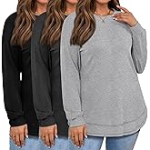 Oakgarden 3 Pack Women's Plus Size Sweatshirts, Long Sleeve Cotton Tees Crew Neck Pullover Shirts Tunic Curved Hem T-Shirts