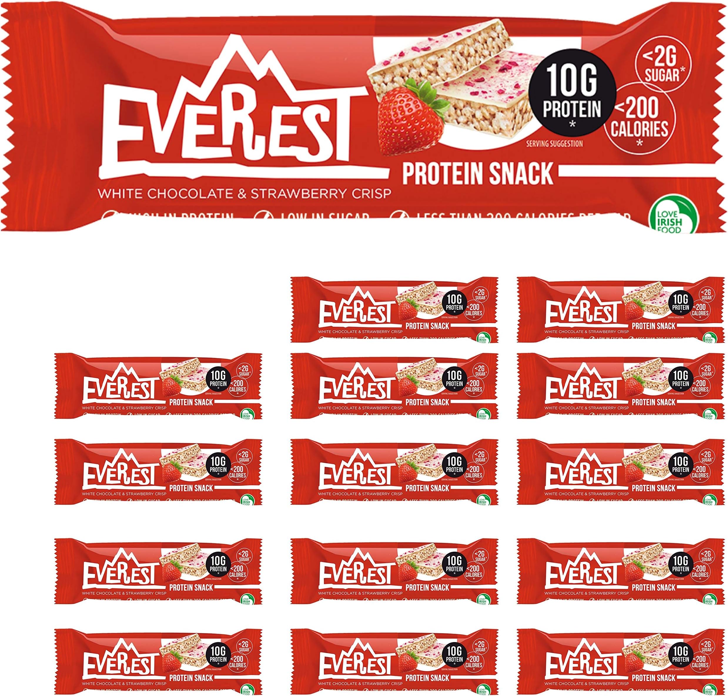 Everest Snacks Protein Snack - Healthy Protein Bars - Low Sugar, Low Calorie Guilt-Free Sports Bars - High in Fibre and Protein - 15 x 40g Protein Bars (White Chocolate & Strawberry Crisp)