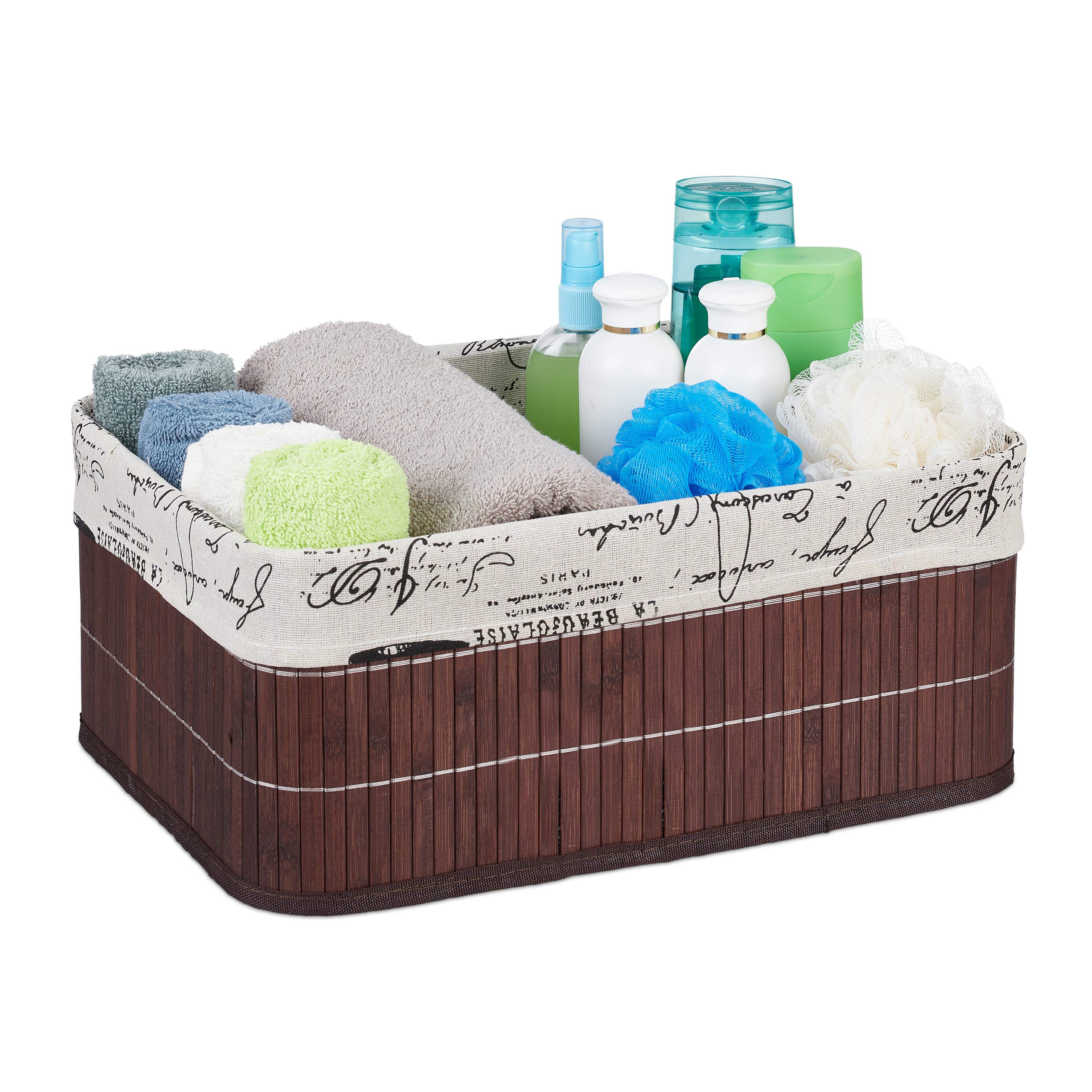 Relaxdays Storage Basket, Fabric Cover with Retro Pattern, Bamboo, Bathroom Organiser, 16.5 x 38 x 28.5 cm, Brown