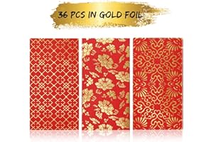 WINOO DESIGN Heavy Duty Chinese New Year Red Envelopes, Red Pocket Envelopes Chinese Red Packets Hong Bao Gift Money Envelopes Lucky Money Envelopes, 3 Designs 36-Pack, 3.5 x 6.7 Inches (Gold)