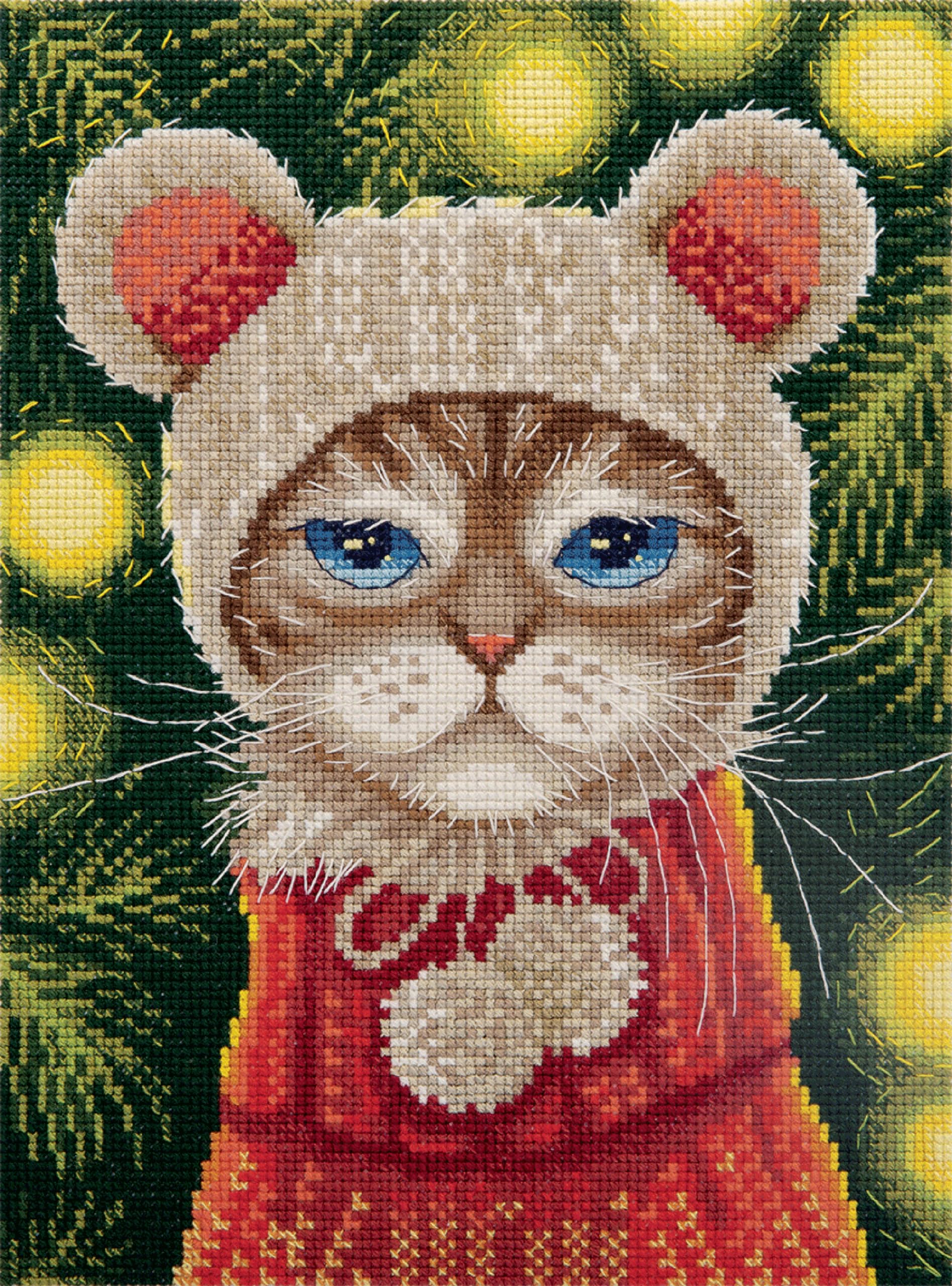 PANNA - Counted Cross Stitch Kit - Festive Mood Cat - PR-7263 - Pre-Sorted Thread - Cross Stitch Patterns - Crafts for Adults - Aida - 6.25 x 8.25 Inches — image 1
