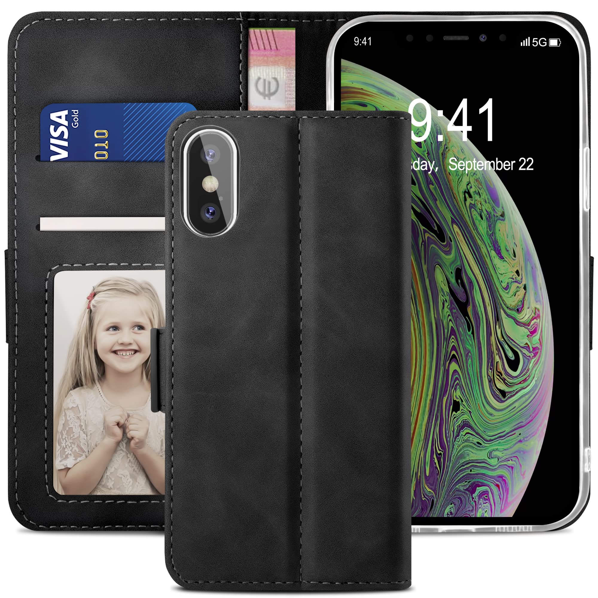 YATWIN Case Compatible for iPhone X/XS, Magnetic Closure Flip Leather Wallet Case with Card Slot and Shockproof Function Kickstand Phone Cases Cover Compatible for iPhone X/XS - Black