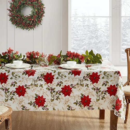 Elrene Home Fashions Christmas Poinsettia Grace Water- and Stain-Resistant Vinyl Tablecloth with Flannel Backing, 60"x84" Rectangle