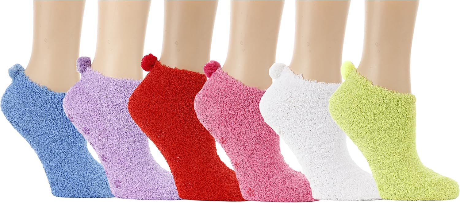 Fuzzy Ankle Socks, Striped, Anklets, Footies, With Pom Pom, 6 Pairs