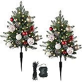 Sunnyglade 27" Set of 2 Artificial Outdoor Christmas Trees with 60 LED Lights, Faux Xmas Tree Decor with Ground Spike & 20 Ornaments, Lighted Fake Tree for Indoor Outdoor Christmas Decor