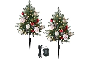 Sunnyglade 27" Set of 2 Artificial Outdoor Christmas Trees with 60 LED Lights, Faux Xmas Tree Decor with Ground Spike & 20 Ornaments, Lighted Fake Tree for Indoor Outdoor Christmas Decor