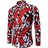 LEFTGU Men's Rose Flower Printed Summer Fashion Slim fit Button-Down Shirt